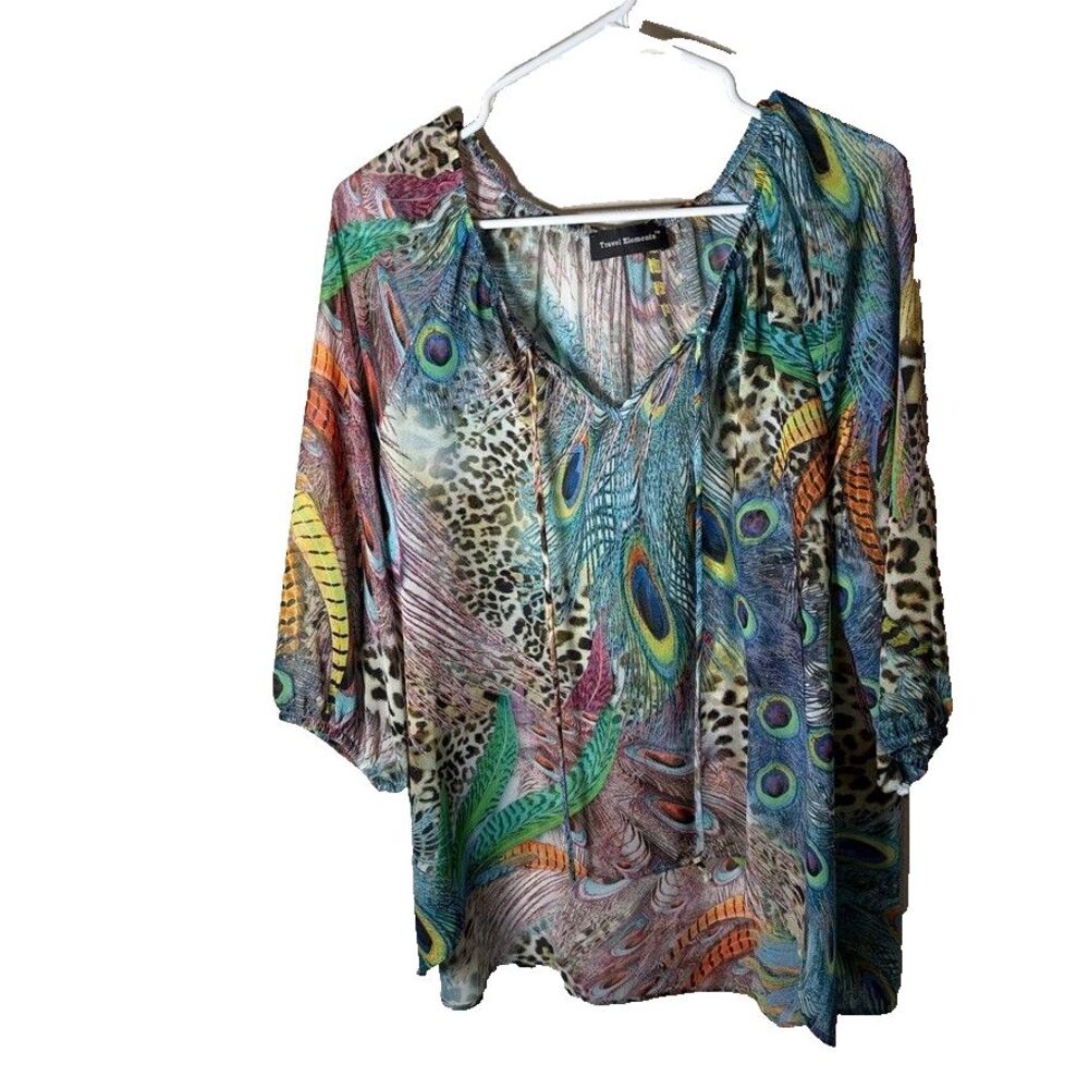 Travel Elements Blouse Women's Medium Animal Peacock 3/4 Sleeve Sheer Top